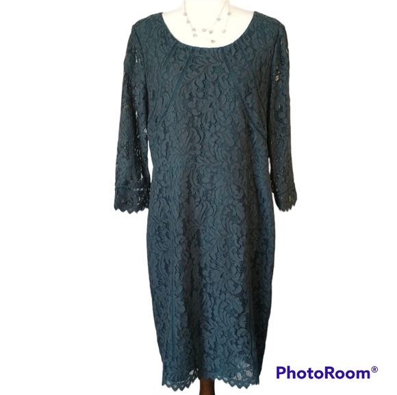 Talbots Dresses Talbots Round Neck Dress Green Pine Lace 34 Sleeve